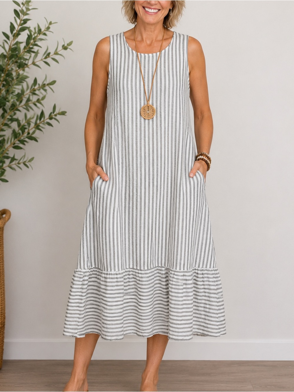 Francesca Bettini Italian Linen Stripe Sleeveless Dress L Gray White Pockets